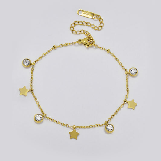 Stainless steel gold star and cubic zirconia charm bracelet - SSYB5472