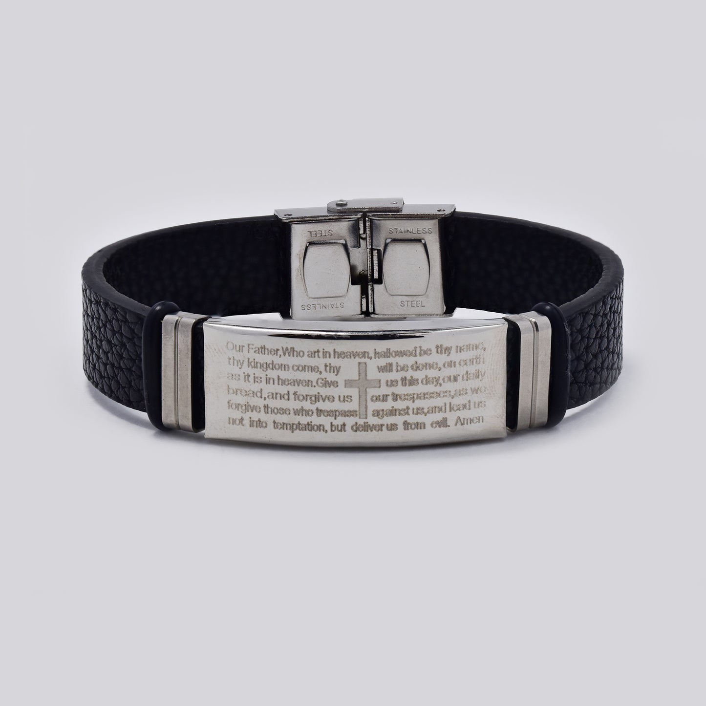 Stainless steel and leather broad prayer ID bracelet - SSYB5475