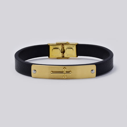 Stainless steel and leather bracelet with cross center plate - SSYB5482