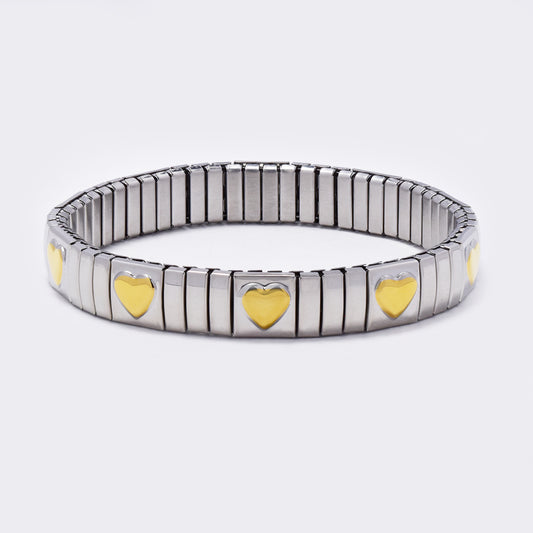 Stainless steel two tone solid heart stretch bracelet - SSYB5487