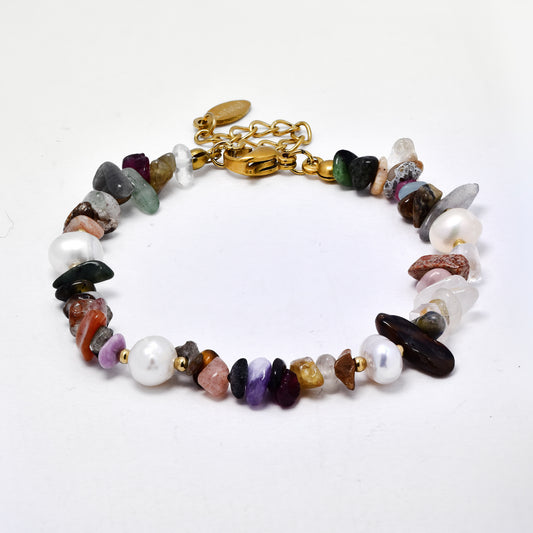 Stainless steel 15.3cm natural stone and faux pearl bracelet - SSYB5605