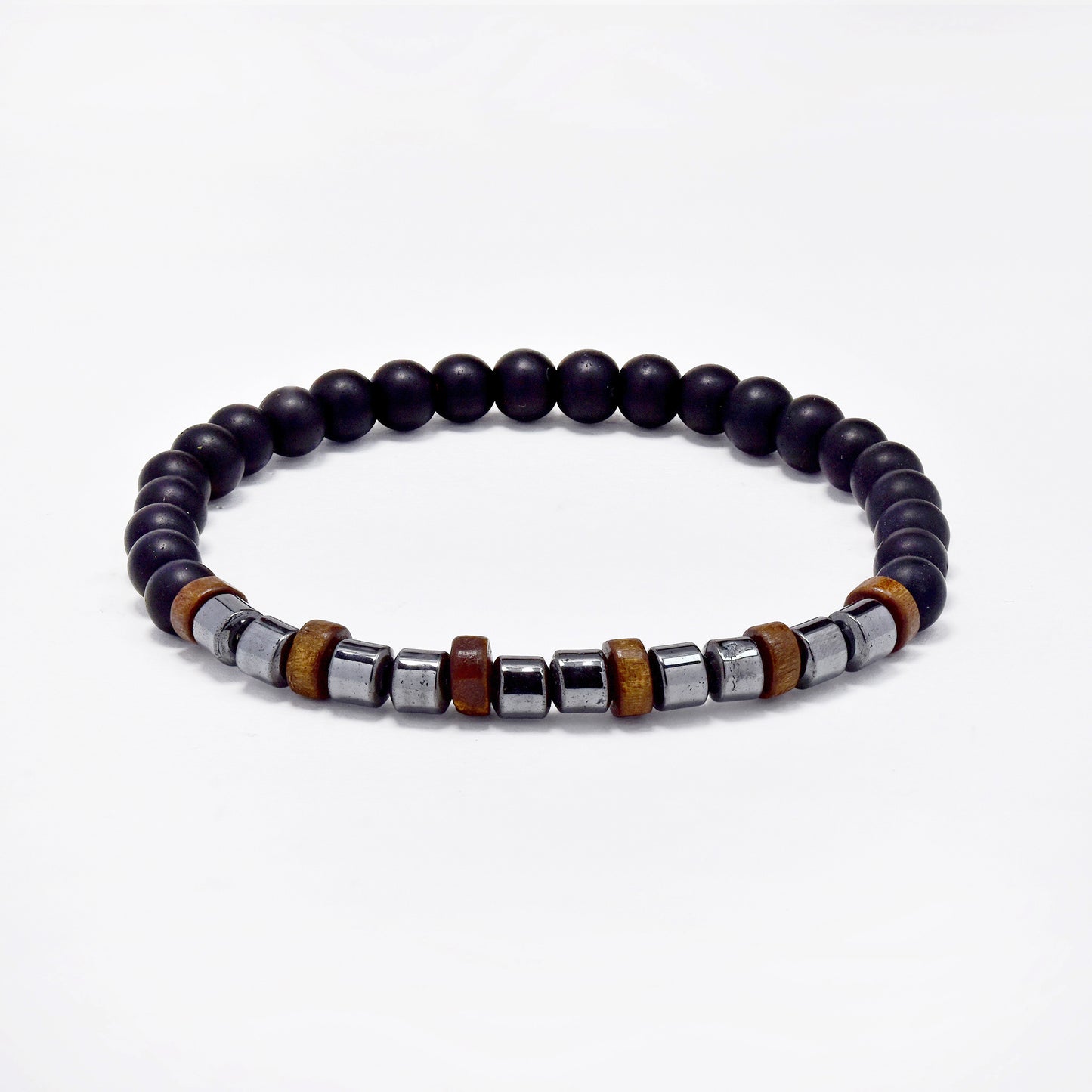 Black bead, wood and steel stretch bracelet - SSYB5789
