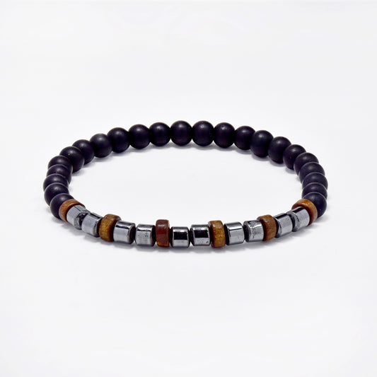 Black bead, wood and steel stretch bracelet - SSYB5789