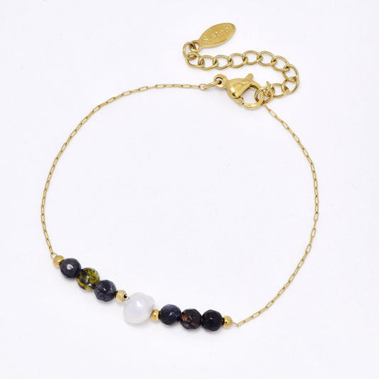 SSYB5943 - St Steel 16.5+3.5cm pearl and beaded bracelet