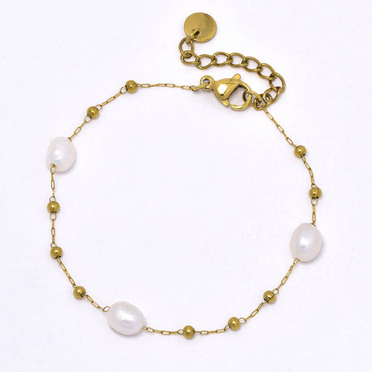 SSYB5946 - St Steel 16.5+3.5cm pearl and gold bead bracelet