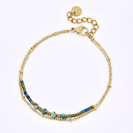 SSYB5952 - St Steel 16.5+3cm layered natural stone and bead bracelet