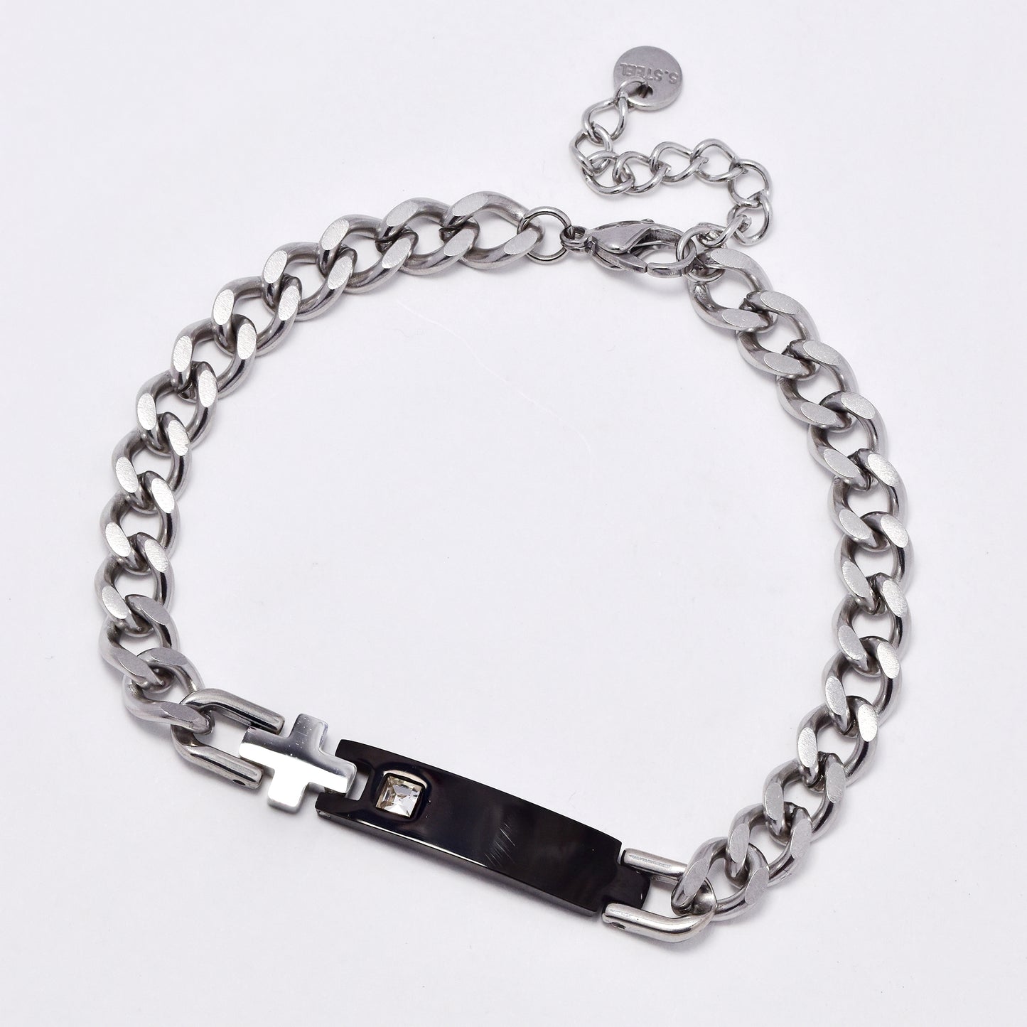 SSYB6044 - St Steel 19cm x 7mm two toned CZ cross ID bracelet