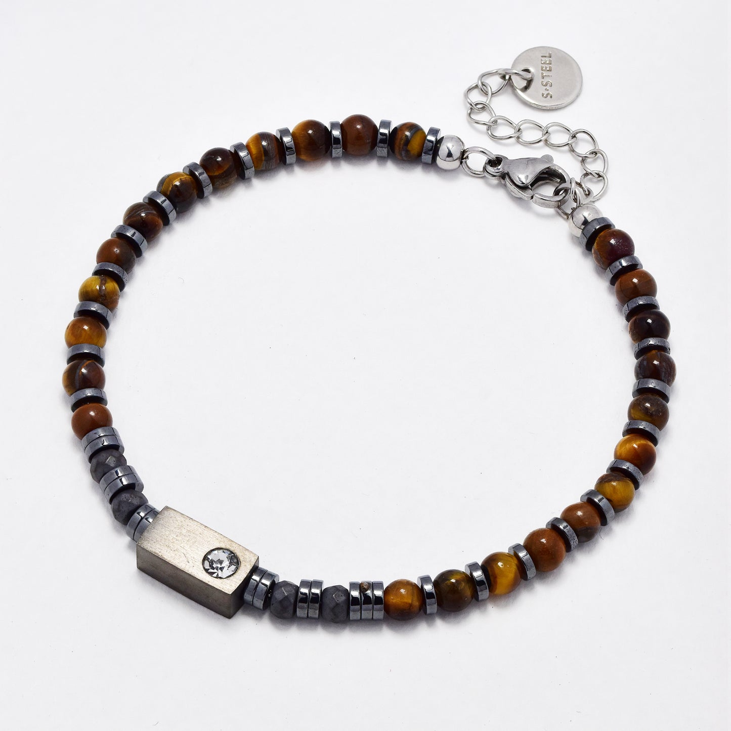 SSYB6096 - St Steel 18cm + 3cm  natural stone and bead bracelet