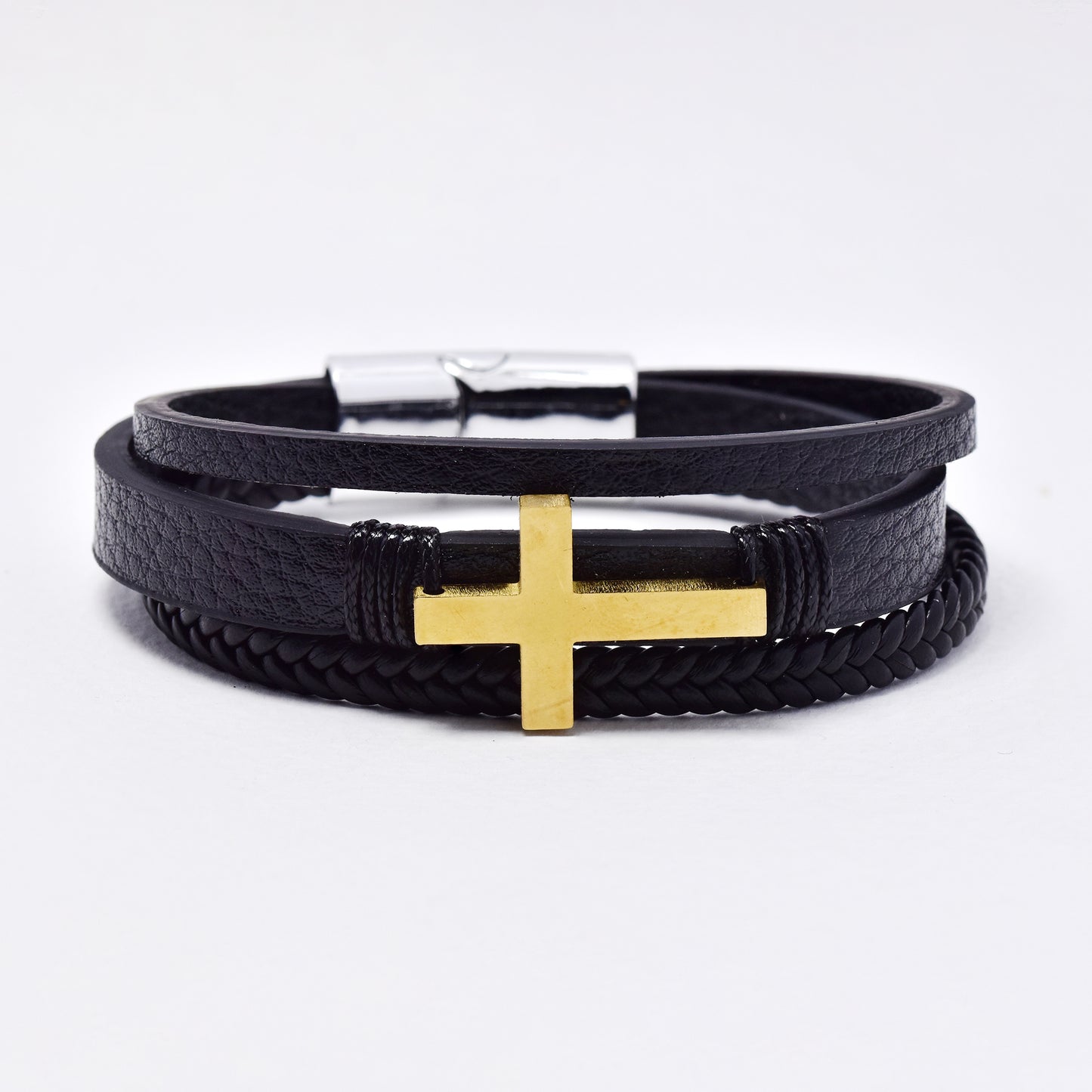 SSYB6169 - St Steel 3 strand PU cross bracelet