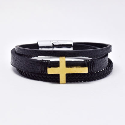 SSYB6169 - St Steel 3 strand PU cross bracelet