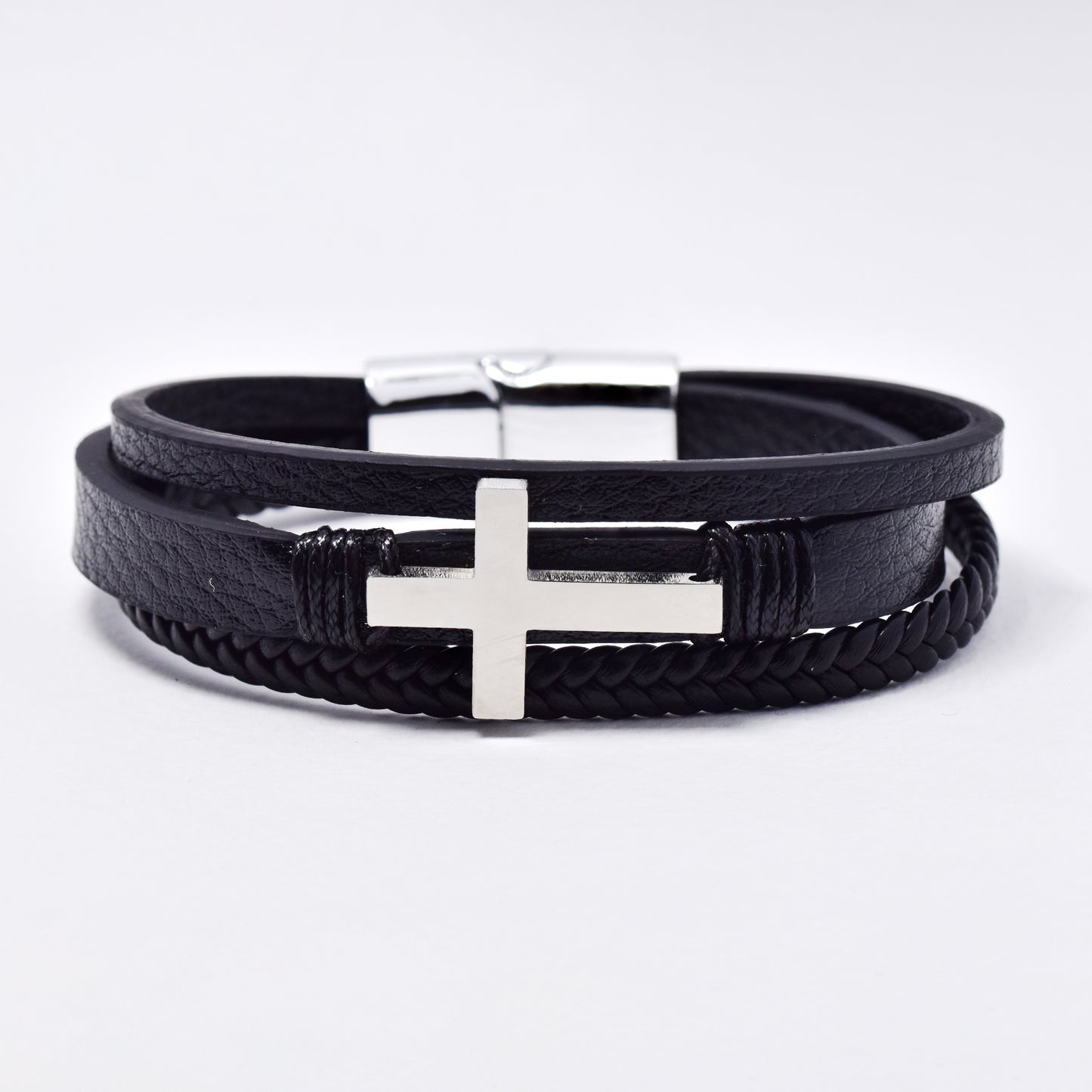 SSYB6169 - St Steel 3 strand PU cross bracelet