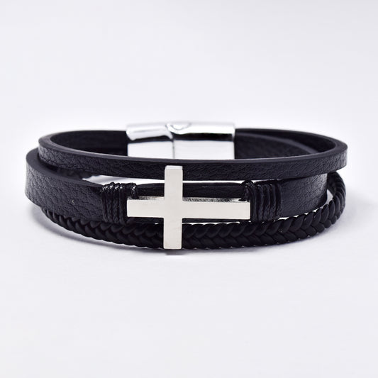 SSYB6169 - St Steel 3 strand PU cross bracelet