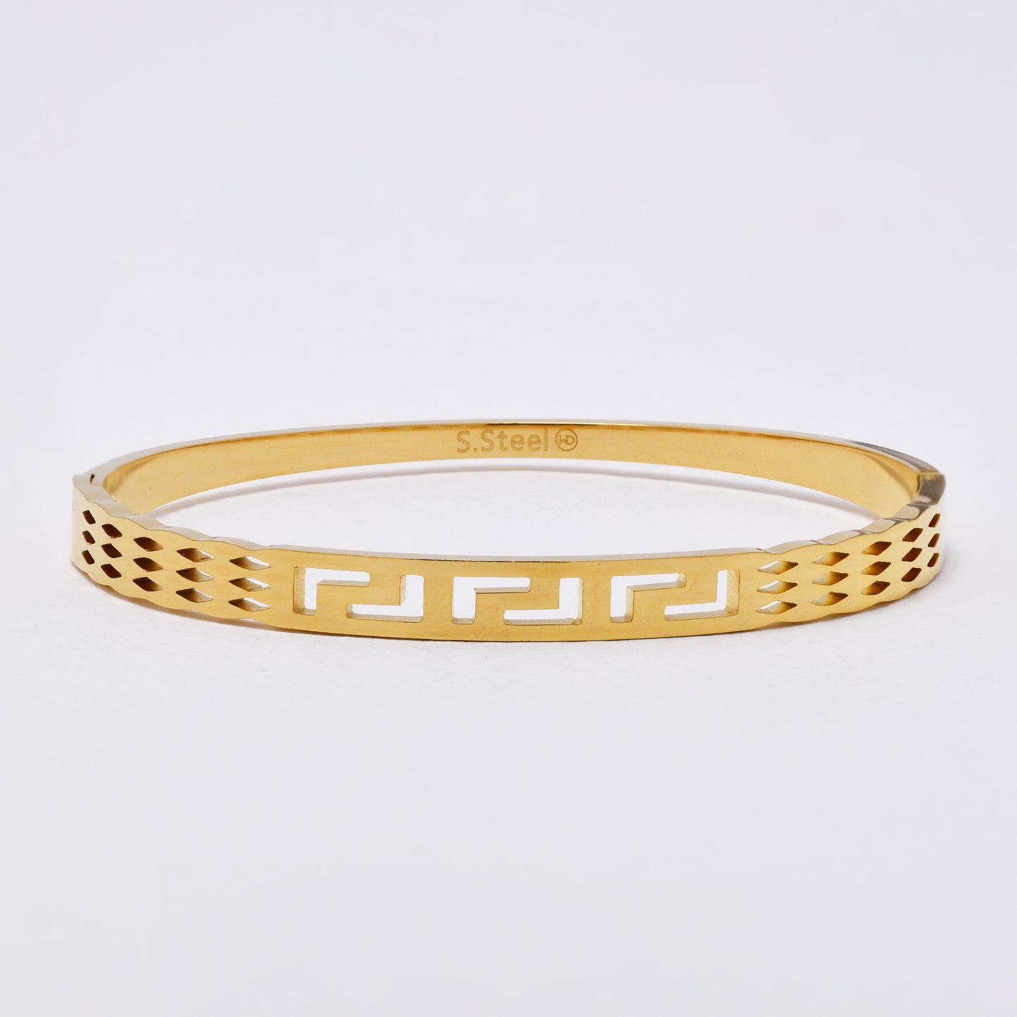 SSYB6271 - St Steel 64mm x 55mm x 6mm hinged bangle with cutout geometric shapes