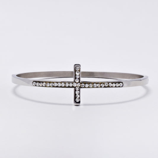 SSYB6275 - St Steel 68mm x 60mm x 3mm hinged bangle with CZ cross