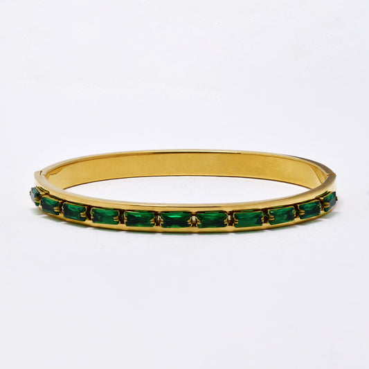 SSYB6285 - St Steel 65mm x 55mm x 6mm hinged bangle with horizontal green stone