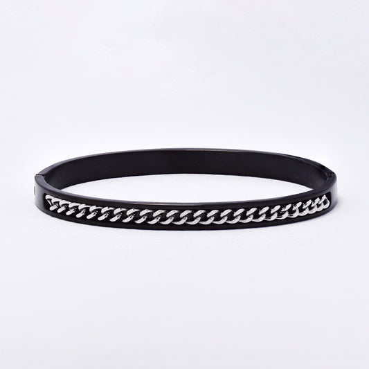 SSYB6287-SBLK - St Steel 69mm x 57mm x 6mm hinged bangle with chain detail