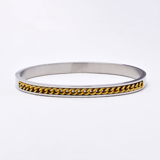 SSYB6287-SG - St Steel 69mm x 57mm x 6mm hinged bangle with chain detail