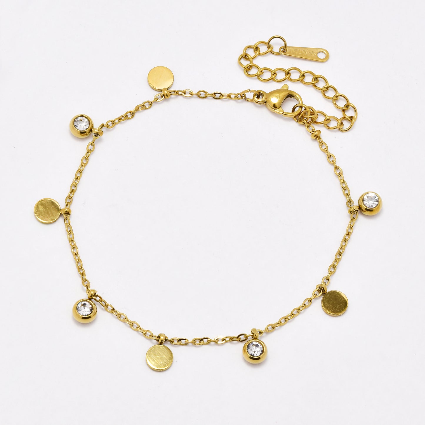 SSYB6404 - S Steel 17.5cm + 5.5cm round CZ charm and disk bracelet