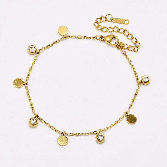 SSYB6404 - S Steel 17.5cm + 5.5cm round CZ charm and disk bracelet