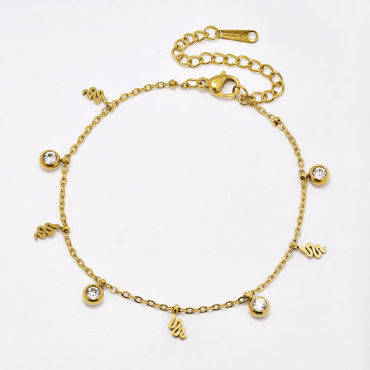 SSYB6405 - S Steel 18.5cm + 5.5cm round CZ charm and snake disk bracelet