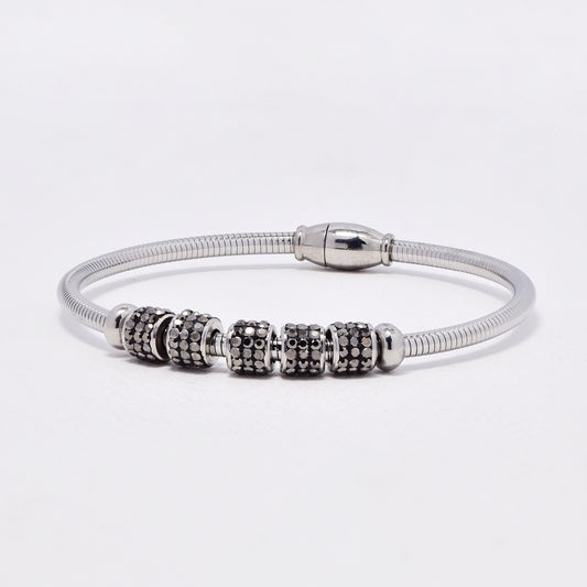SSYB6437 - St Steel 56mm x 7mm black cluster bead  bracelet