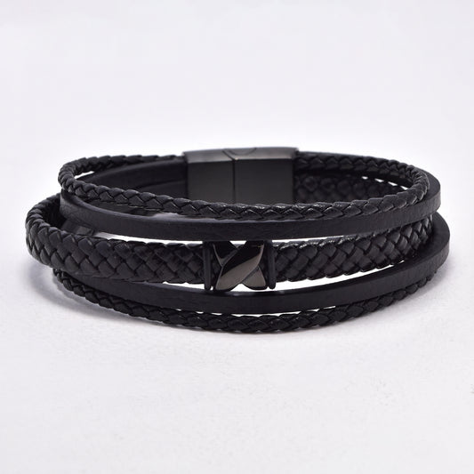 SSYB6483 - St Steel 21cm multi strand leather bracelet