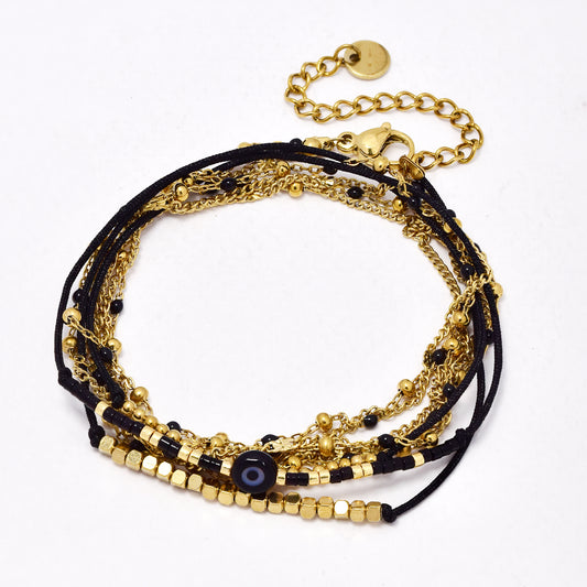 SSYB6531 - St Steel 49cm + 5cm  evil eye beaded  wrap bracelet
