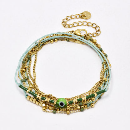 SSYB6531 - St Steel 49cm + 5cm  evil eye beaded  wrap bracelet