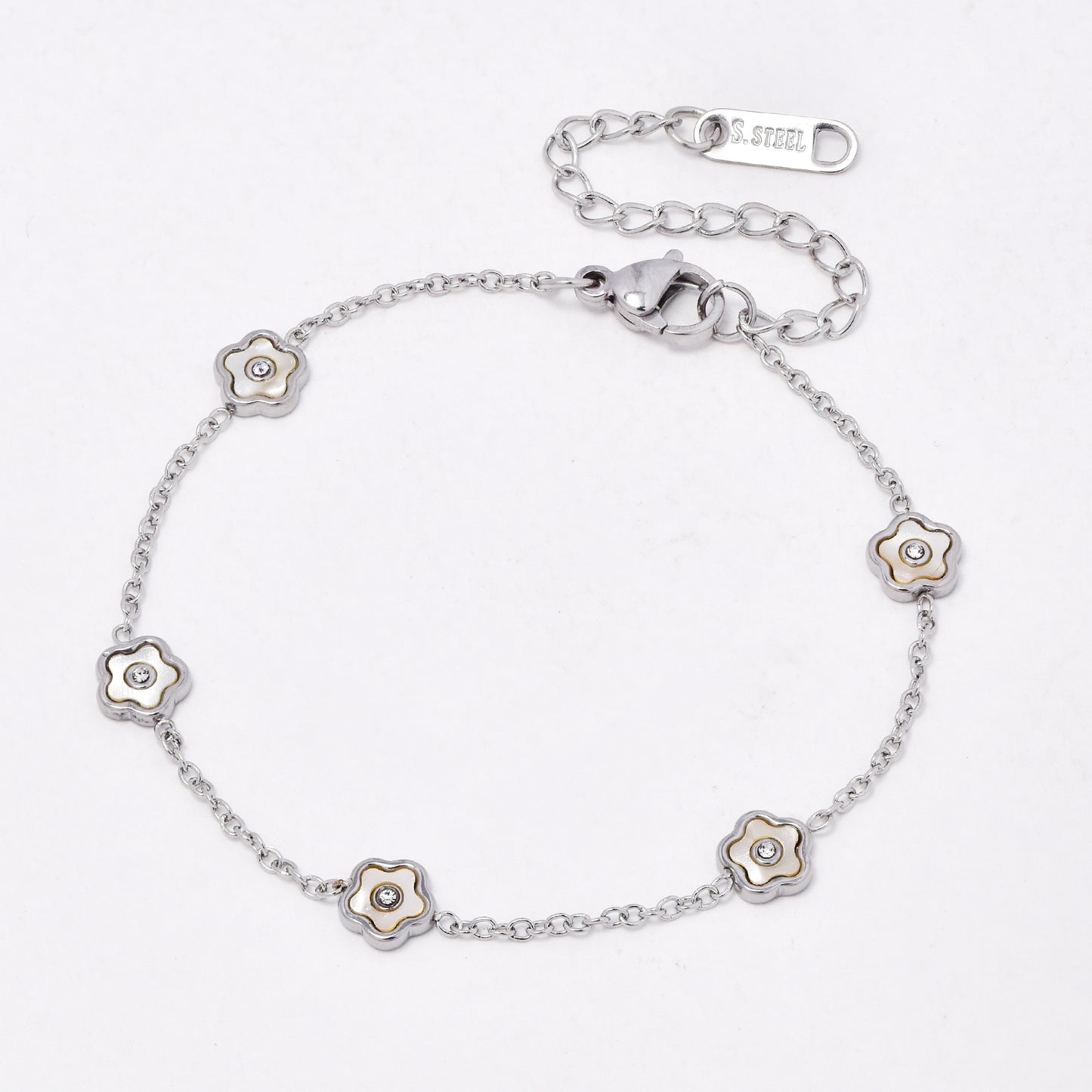 SSYB6543 - St Steel 16cm + 4.5cm shell flower bracelet