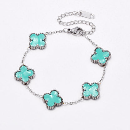 SSYB6556 - St Steel 17cm + 5cm medium four-leaf clover bracelet