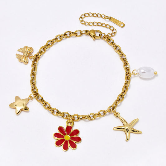 SSYB6835 - Steel 17cm + 5cm enamel flower & charm bracelet