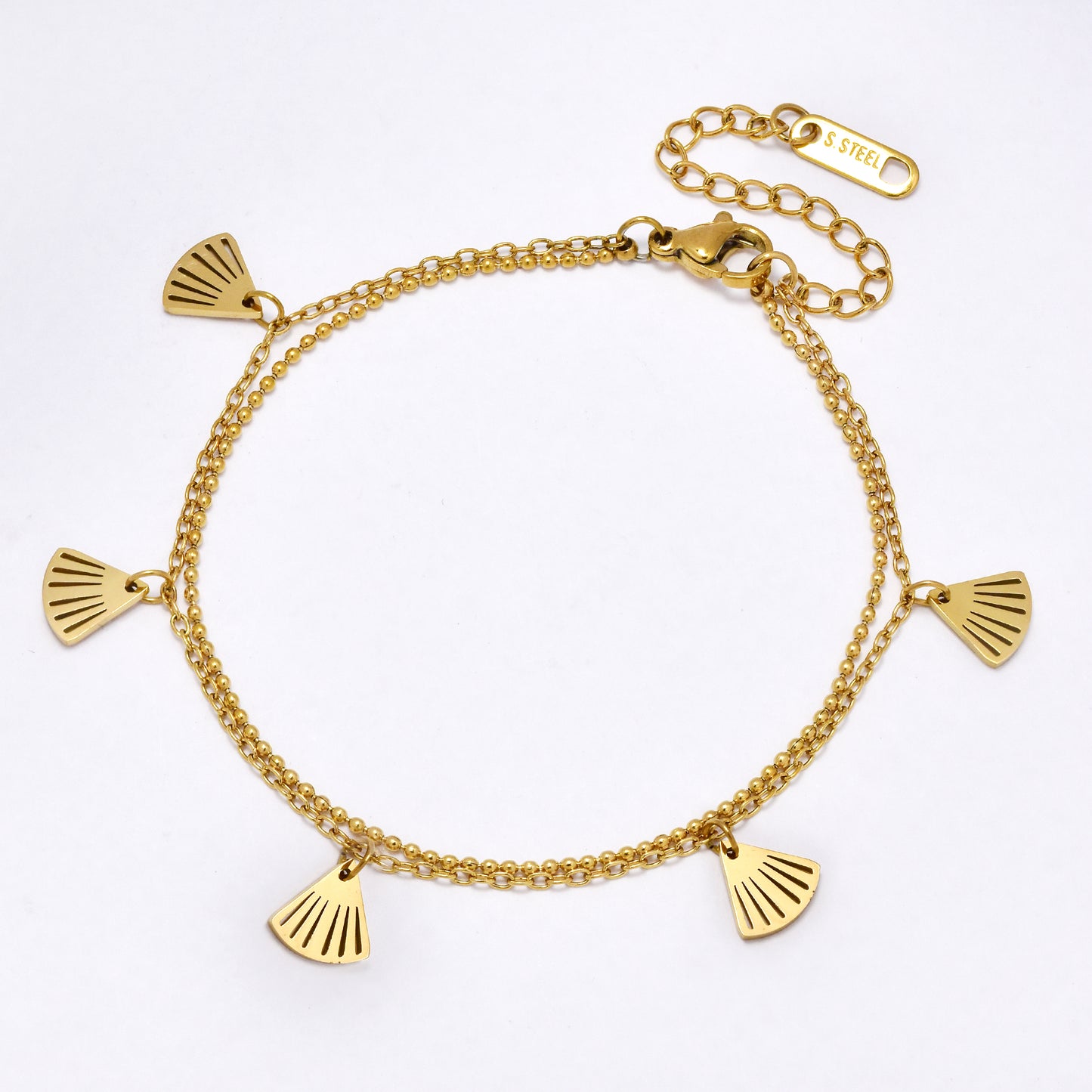 SSYB6853 - Steel 17.5cm + 5cm layered fan charm bracelet