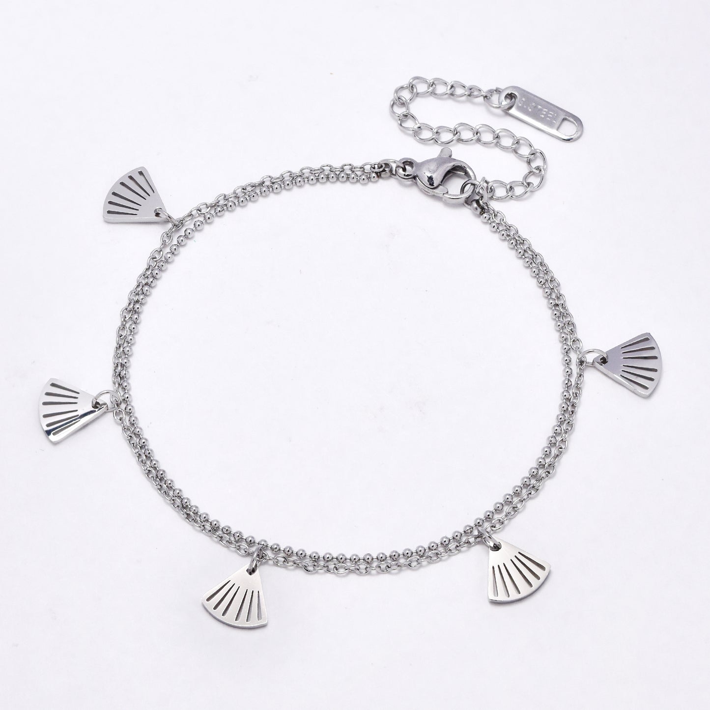 SSYB6853 - Steel 17.5cm + 5cm layered fan charm bracelet
