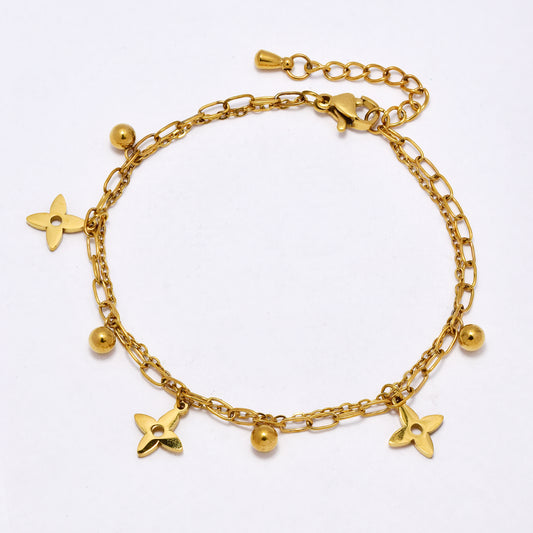 SSYB6884 - Steel 17cm + 3cm layered flower & ball bracelet