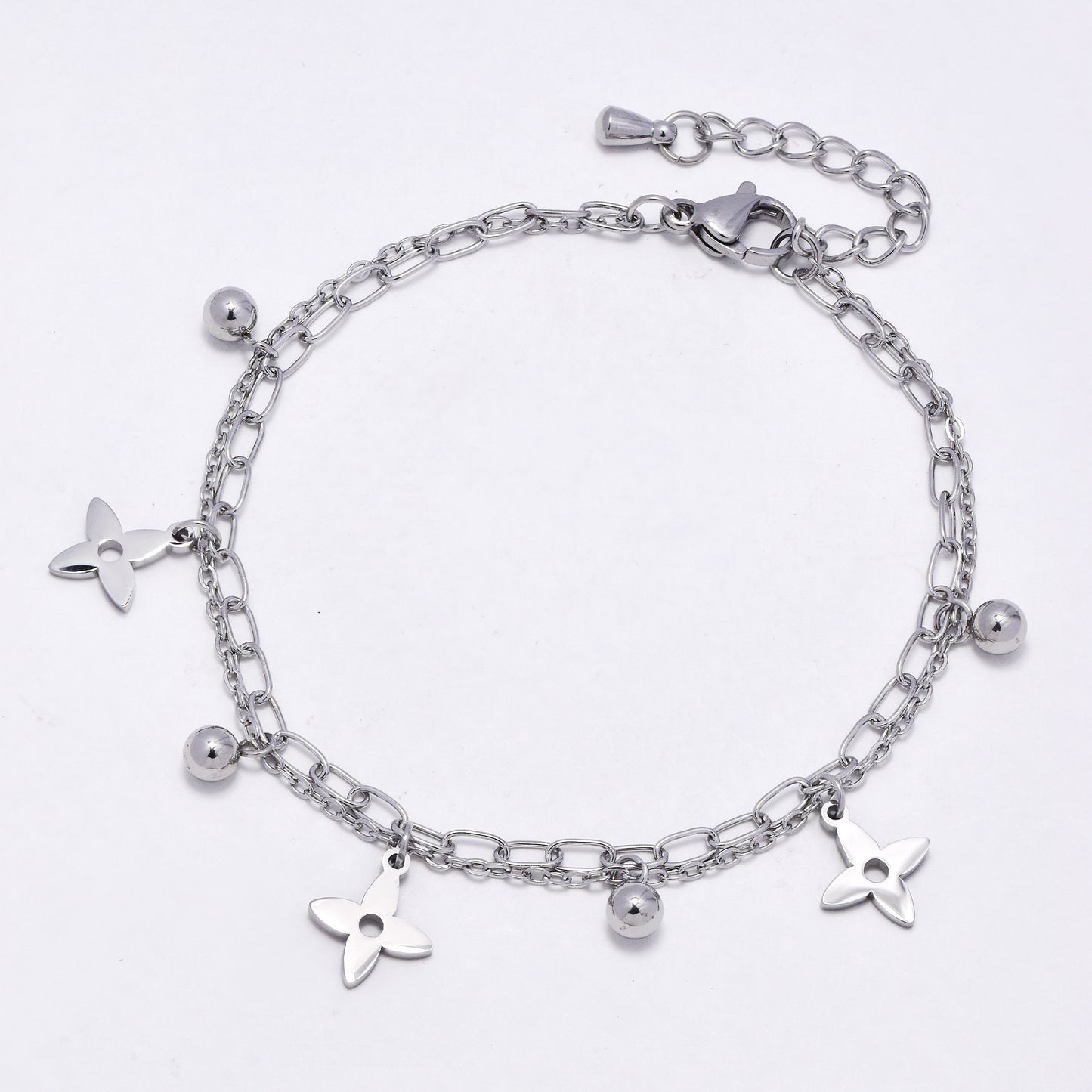 SSYB6884 - Steel 17cm + 3cm layered flower & ball bracelet