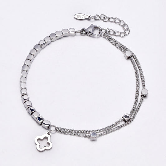 SSYB6886 - Steel layered four-leaf clover bracelet