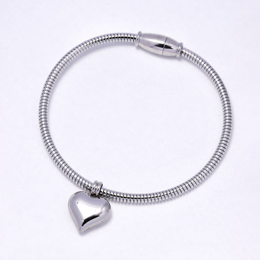 SSYB6949 - Steel 19cm x 3mm heart charm snake bracelet with magnetic closure