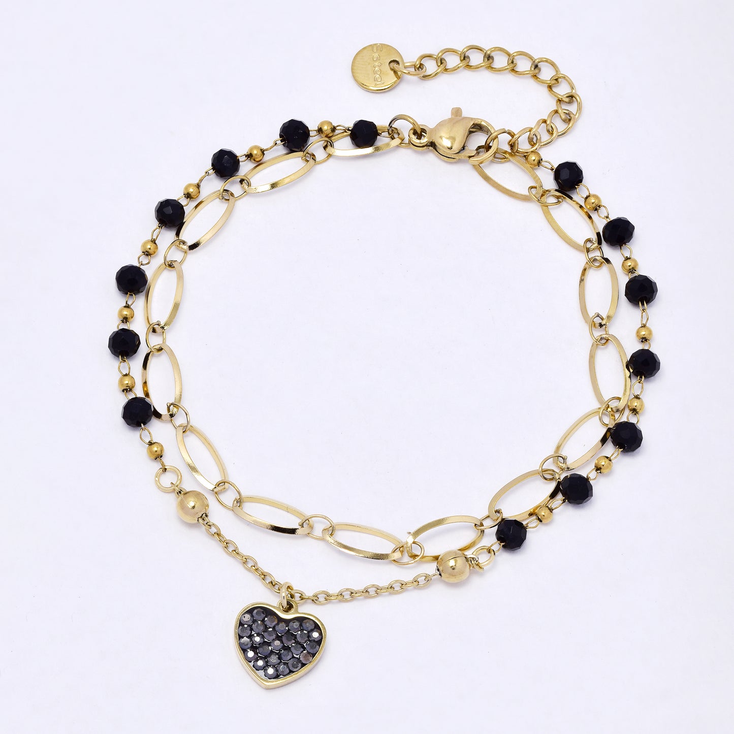 SSYB6967 - Steel 17cm + 3mm layered bracelet with faceted beads and CZ heart charm