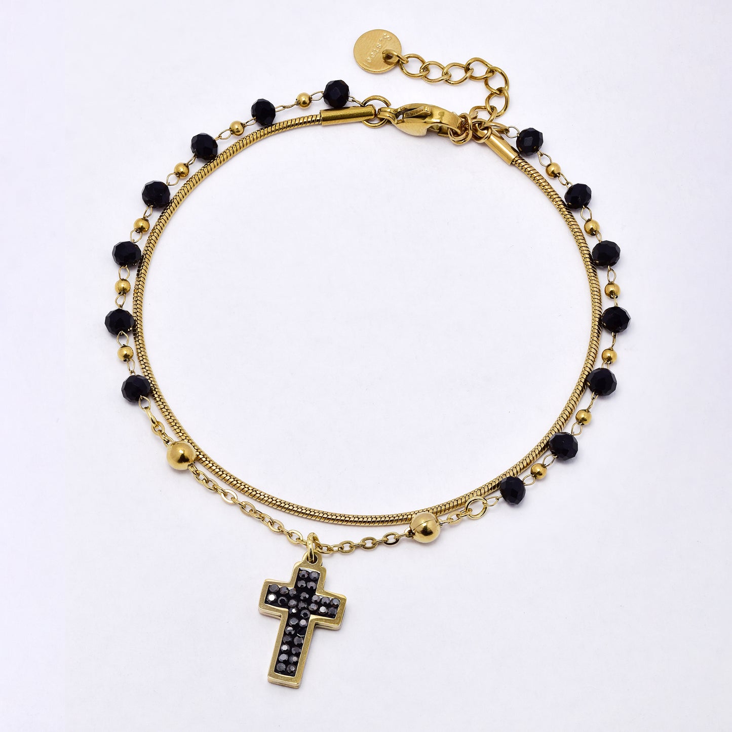 SSYB6968 - Steel 17.5cm + 3mm layered bracelet with faceted beads and CZ cross charm