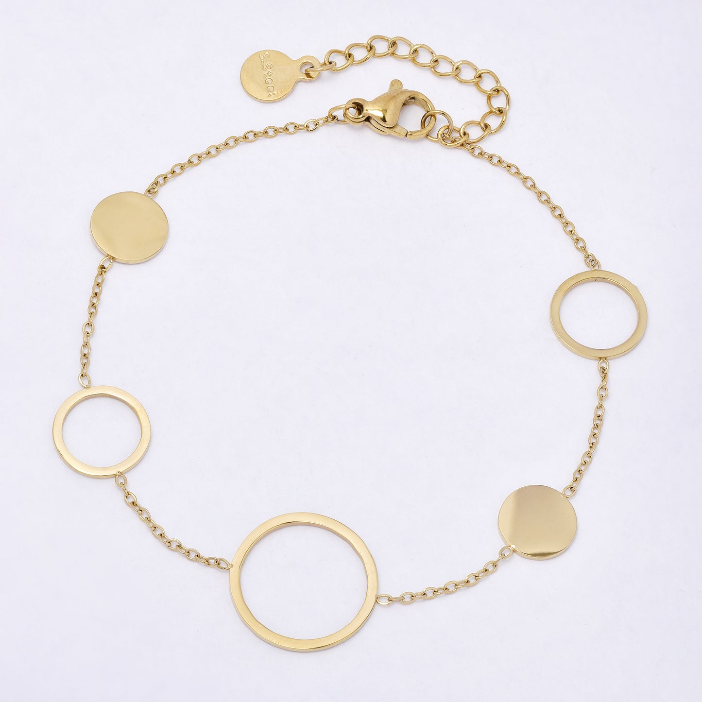 SSYB6970 - Steel 17.5cm + 3cm cutout circle & disk bracelet