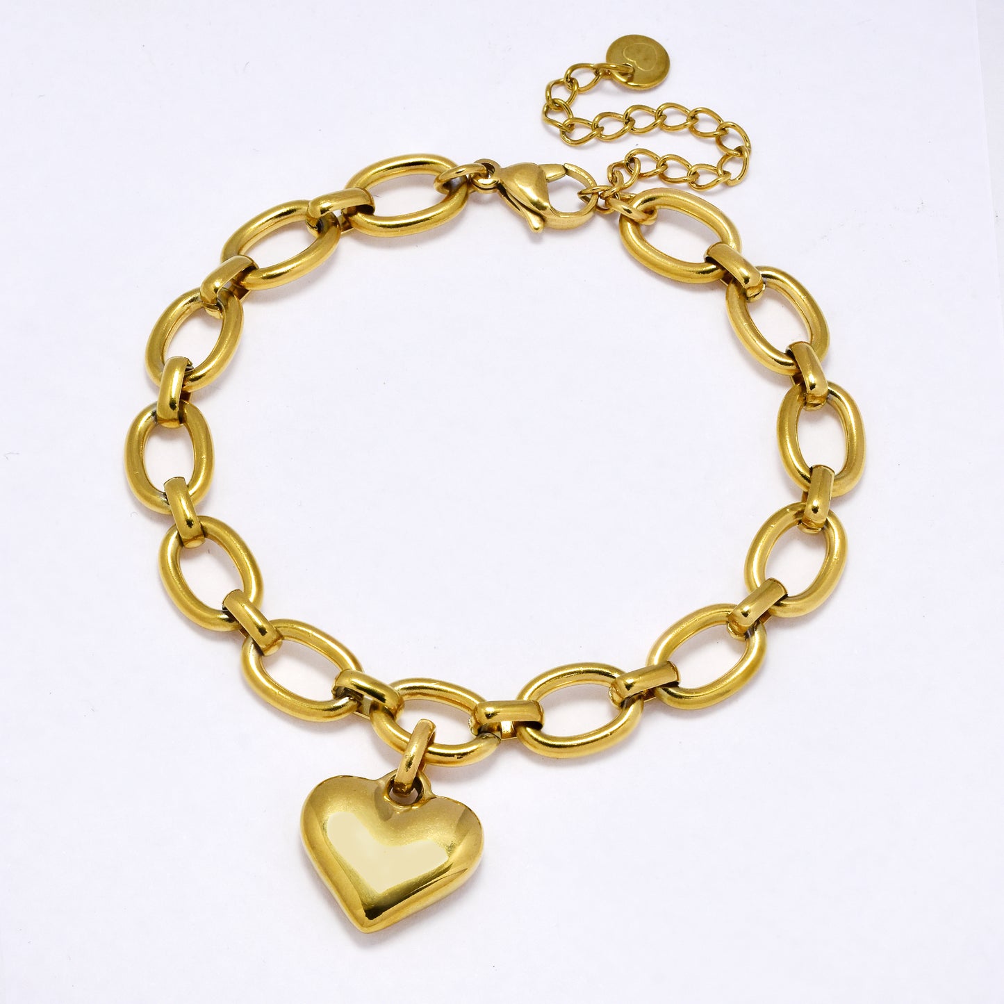 SSYB6975 - Steel 18cm + 5cm x 8mm oval link heart charm bracelet