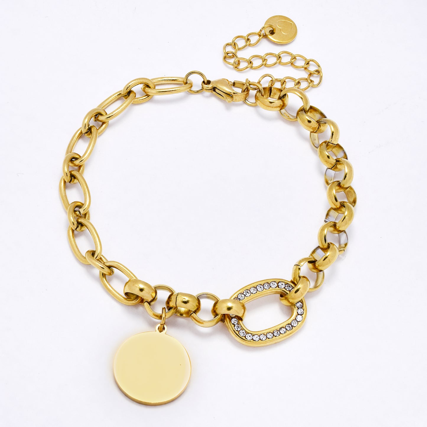 SSYB6981 - Steel 18cm + 5cm x 7mm mixed link CZ & disk bracelet