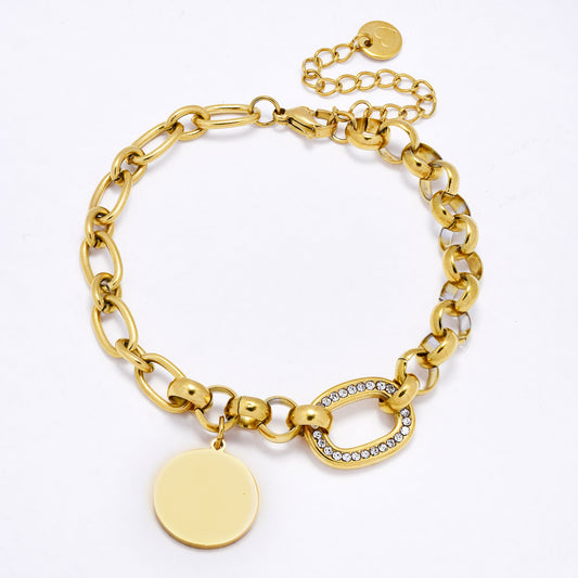 SSYB6981 - Steel 18cm + 5cm x 7mm mixed link CZ & disk bracelet