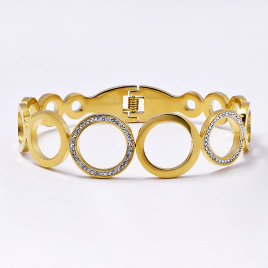 SSYB6990 - Steel 61mm x 46mm x 18mm circle cutout CZ bangle with magnetic front closure