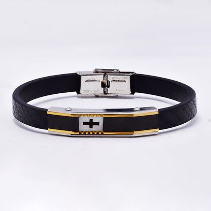 SSYB7131 - Steel 23cm x 9.5mm enamel & shell cross bracelet