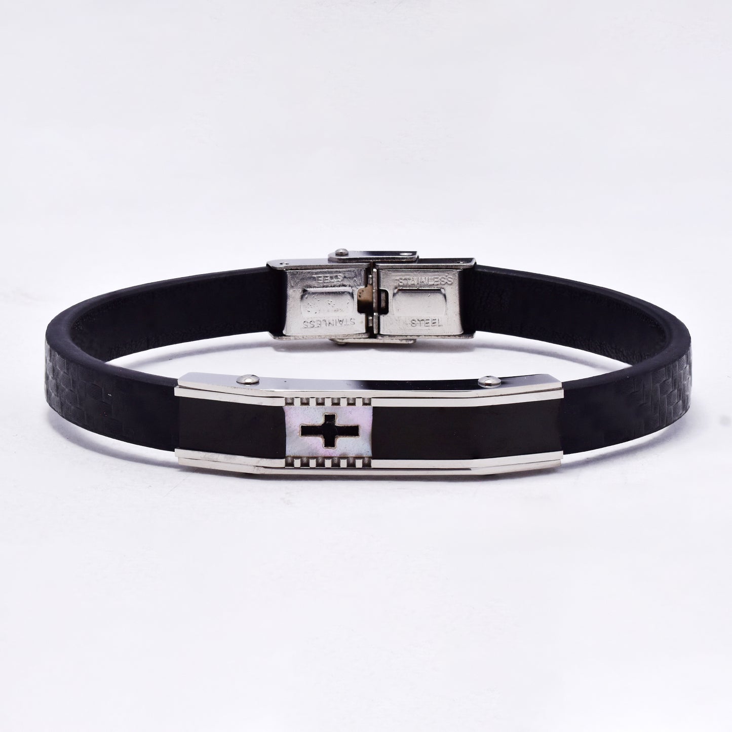 SSYB7131 - Steel 23cm x 9.5mm enamel & shell cross bracelet
