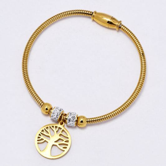 SSYB7206 - Steel 58mm x 3mm CZ & tree of life wire bangle with magnetic closure