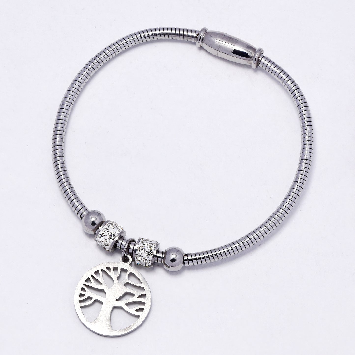 SSYB7206 - Steel 58mm x 3mm CZ & tree of life wire bangle with magnetic closure