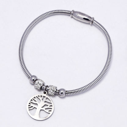 SSYB7206 - Steel 58mm x 3mm CZ & tree of life wire bangle with magnetic closure