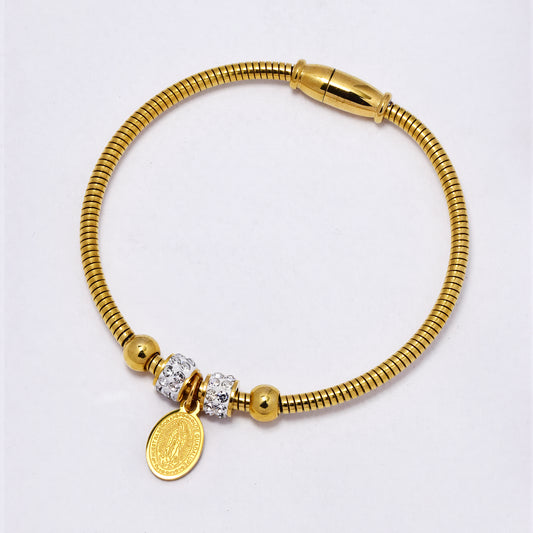 SSYB7207 - Steel 56mm x 3mm CZ & Lady of Guadalupe flexi bangle with magnetic closure